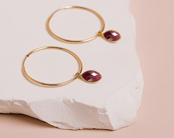 Raw Ruby Earrings, Birthstone Jewelry, Red Stone Earrings, Gemstone Hoops, July Birthday Gift, Ruby Drops, 14kt Gold Filled,Sterling Silver