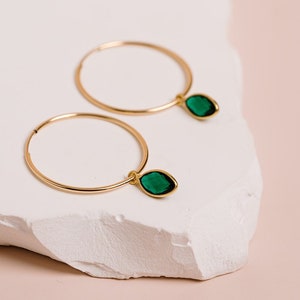 Emerald Earrings, Birthstone Jewelry, Green Stone Earrings, Gemstone Hoop Earrings, May Birthday Gift, in 14kt Gold Filled, Sterling Silver