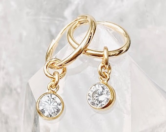 Cz Dangle Earrings, CZ Huggie Hoops, CZ Drop Earrings, Cz Hoops, Hoop Earrings, CZ Charm Earrings, Diamond Hoop, 14k Gold Filled Rose Silver