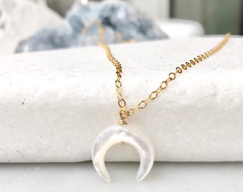 Dainty Pearl Crescent Moon Necklace, Minimalist Necklace, Pearl Moon, Tiny Double Horn Pendant, Bohemian Jewelry, Gold Filled, Silver, Rose