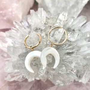 Pearl Moon Earrings, Crescent Moon Dangles, Double Horn Drops, Hoop Earrings, Minimalist Jewelry, 14kt Gold Filled, Silver image 5