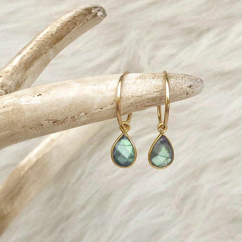 Labradorite Earrings, Labradorite Drop Earrings, 14kt Gold Filled Hoops, Gemstone Hoops, Sterling Silver Hoop, Gift for Her, Small Med Large Bild 1