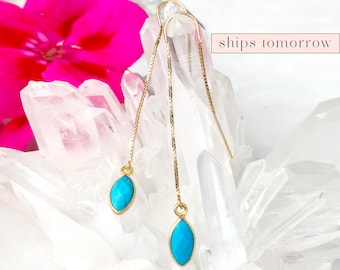 Turquoise Drop Earring, Minimalist Threader Earrings, December Birthstone Ear Threaders, Bridesmaid Gift, Raw Crystal Earrings, Gold Filled