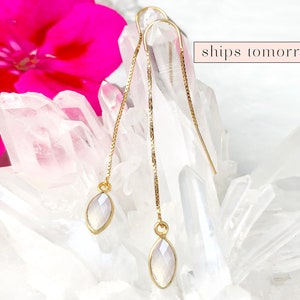 Moonstone Drop Earring, Healing Crystal Earrings, Minimalist Threader Earrings, June Birthstone Ear Threaders, Bridesmaid Gift,  Gold Filled
