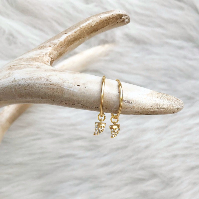 Tusk Earrings, Horn Earrings, Huggie Hoops, Hoop Earrings, CZ Charm Earrings, Minimalist Jewelry, in 14kt Gold Filled or Sterling Silver image 3