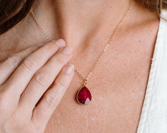 Raw Ruby Necklace, July Birthstone Necklace, Natural Gemstone Necklace, Red Stone Necklace, Ruby Jewelry Gift, in 14kt Gold Fill or Silver