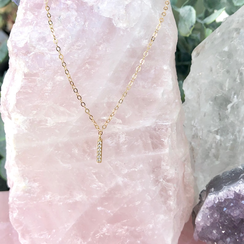 Tiny Gold Diamond Bar Necklace, Dainty Silver CZ Necklace, Minimal Everyday Jewelry, Simple Layered, Cubic Zirconia Stick Pendant, Pave image 4
