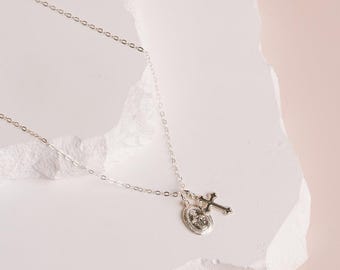 Silver Cross Necklace • Miraculous Medal • Religious Necklace • Virgin Mary Pendant • Dainty Cross Pendant • Silver Medallion Necklace