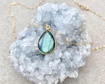 Labradorite Necklace, Gray Necklace, Natural Gemstone Jewelry, Teardrop Gemstone Necklace, Healing Necklace, 14kt Gold Fill Sterling Silver
