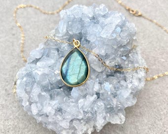 Labradorite Necklace, Gray Necklace, Natural Gemstone Jewelry, Teardrop Gemstone Necklace, Healing Necklace, 14kt Gold Fill Sterling Silver