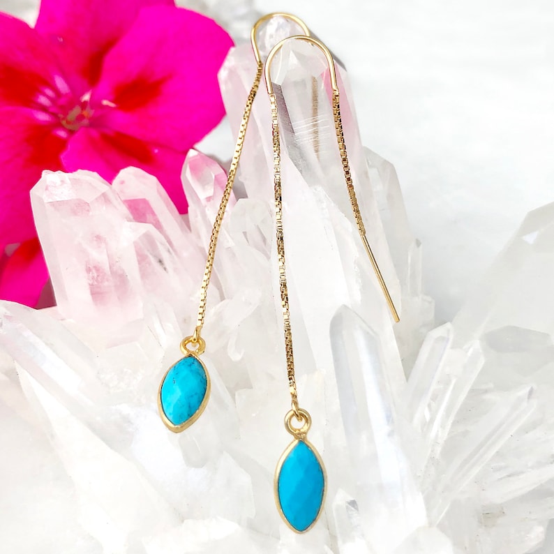 Turquoise Drop Earring, Minimalist Threader Earrings, December Birthstone Ear Threaders, Bridesmaid Gift, Raw Crystal Earrings, Gold Filled image 4