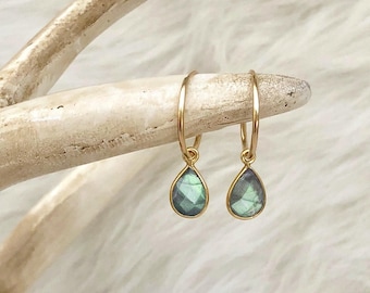Labradorite Earrings, Labradorite Drop Earrings, 14kt Gold Filled Hoops, Gemstone Hoops, Sterling Silver Hoop, Gift for Her, Small Med Large