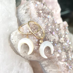 Pearl Moon Earrings, Crescent Moon Dangles, Double Horn Drops, Hoop Earrings, Minimalist Jewelry, 14kt Gold Filled, Silver image 4