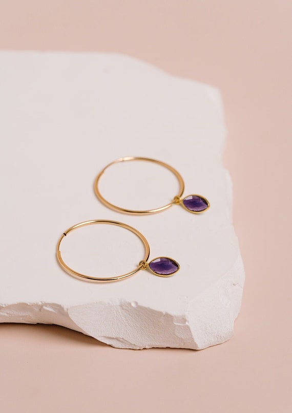 Rainbow Moonstone, Amethyst, Labradorite Hoop Earrings 14k Gold-plated Silver Rainbow Moonstone, Amethyst, Labradorite Hoop Earrings 14k Gold-plated Silver