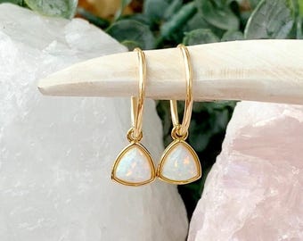 Opal Hoops, October Birthstone, Opal Huggie Hoop Earrings, Opal Jewelry, October Birthday Earrings, Triangle Hoop, 14kt Gold Filled & Silver