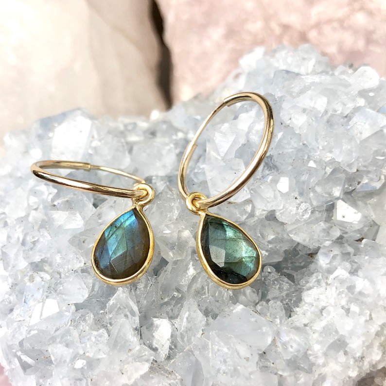 Labradorite Earrings, Labradorite Drop Earrings, 14kt Gold Filled Hoops, Gemstone Hoops, Sterling Silver Hoop, Gift for Her, Small Med Large Bild 3