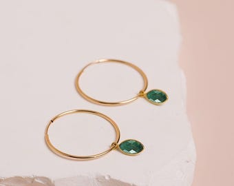 Raw Emerald Earrings, Birthstone Jewelry, Green Stone Earrings, Gemstone Hoop Earrings, May Birthday Gift, 14kt Gold Filled, Sterling Silver