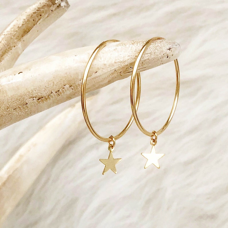 Star Hoop Earrings, Star Earrings, Tiny Star Hoops, Hoops with Star Charm, Small Medium Large, Huggie Hoops, 14Kt Gold Fill, Sterling Silver image 6