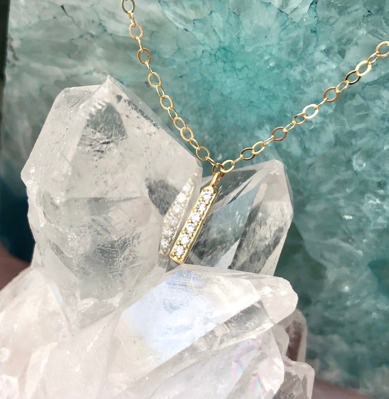 Tiny Gold Diamond Bar Necklace, Dainty Silver CZ Necklace, Minimal Everyday Jewelry, Simple Layered, Cubic Zirconia Stick Pendant, Pave image 5