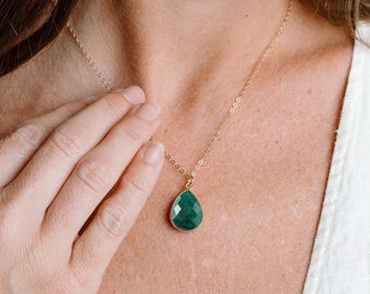 Raw Emerald Necklace, Natural Gemstone Necklace, May Birthstone Necklace, Green Stone Necklace, Handmade Jewelry, in 14kt Gold Fill, Silver