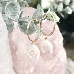 Pearl Moon Earrings, Crescent Moon Dangles, Double Horn Drops, Hoop Earrings, Minimalist Jewelry, 14kt Gold Filled, Silver image 2