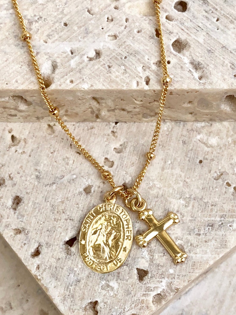 Saint Christopher Necklace Gold Cross Necklace St Traveling Pendant Dainty Catholic Medallion 14kt Gold Fill Necklace Religious Jewelry