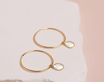 Moonstone Earrings, White Stone Earrings, Birthstone Earrings, Gemstone Hoops, June Birthday Gift, Jewelry, 14kt Gold Filled Sterling Silver