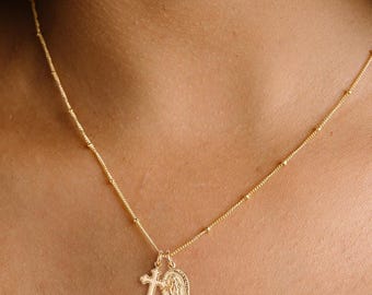 Dainty Virgin Mary Necklace with Cross, Miraculous Pendant, Catholic Necklace, Religious Necklace, Baptism, 14kt Gold Filled, Rose, Silver