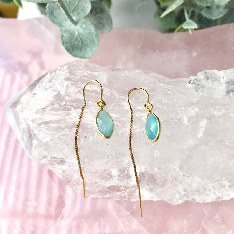 Turquoise Drop Earring, Minimalist Threader Earrings, December Birthstone Ear Threaders, Bridesmaid Gift, Raw Crystal Earrings, Gold Filled image 2