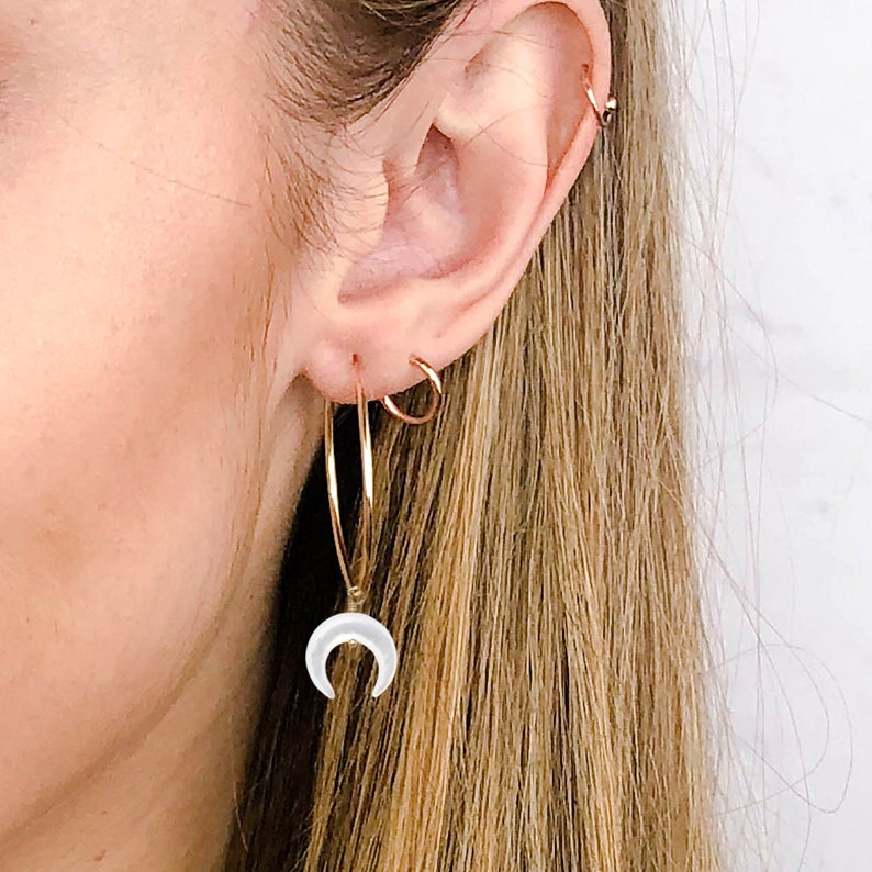 Pearl Moon Earrings, Crescent Moon Dangles, Double Horn Drops, Hoop Earrings, Minimalist Jewelry, 14kt Gold Filled, Silver image 9