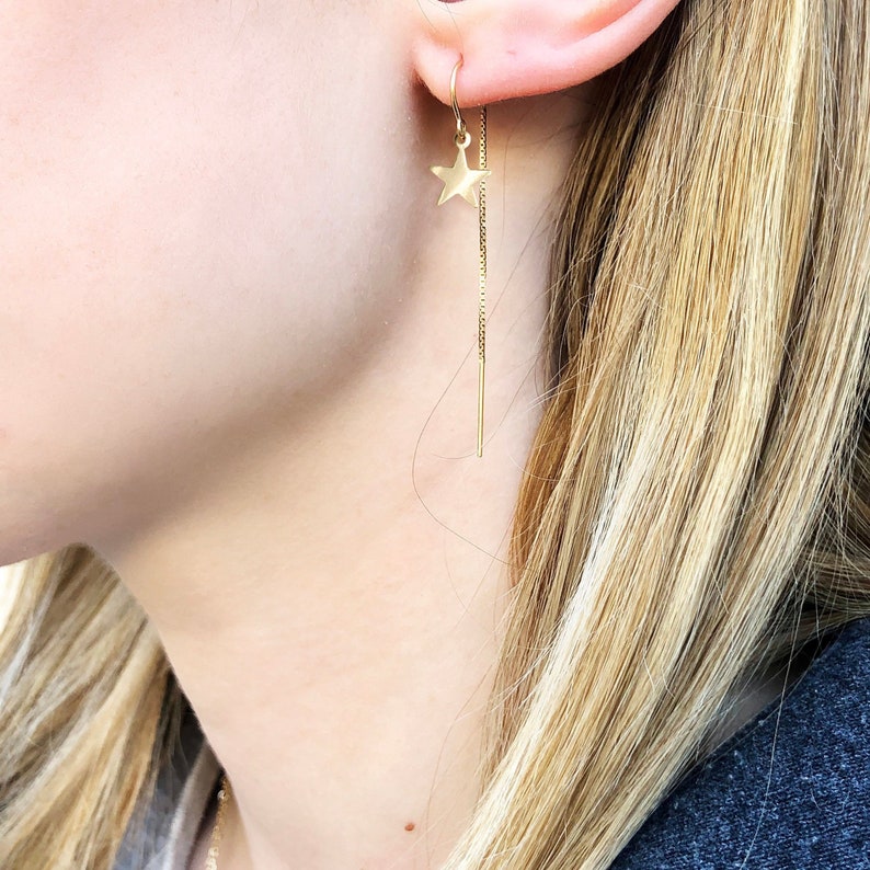 Star Earrings Gold Threader Earrings Tiny Star Dangling Etsy