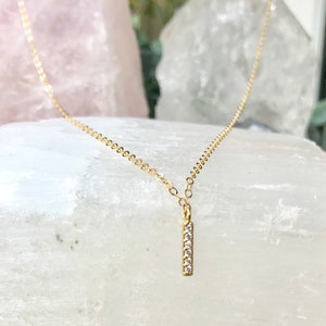 Tiny Gold Diamond Bar Necklace, Dainty Silver CZ Necklace, Minimal Everyday Jewelry, Simple Layered, Cubic Zirconia Stick Pendant, Pave image 6