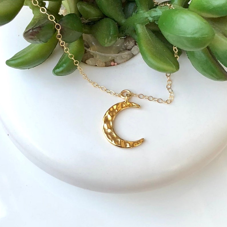 Hammered Crescent Moon Necklace, Simple Dainty Half Moon Necklace, Gold Fill Necklace Gift, Layered Boho Pendant, Gold Fill, Rose, Silver image 5