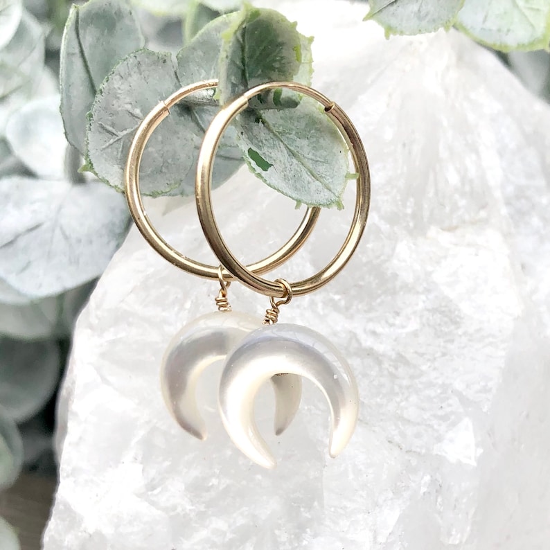 Pearl Moon Earrings, Crescent Moon Dangles, Double Horn Drops, Hoop Earrings, Minimalist Jewelry, 14kt Gold Filled, Silver image 3