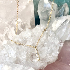 Tiny Gold Diamond Bar Necklace, Dainty Silver CZ Necklace, Minimal Everyday Jewelry, Simple Layered, Cubic Zirconia Stick Pendant, Pave image 3