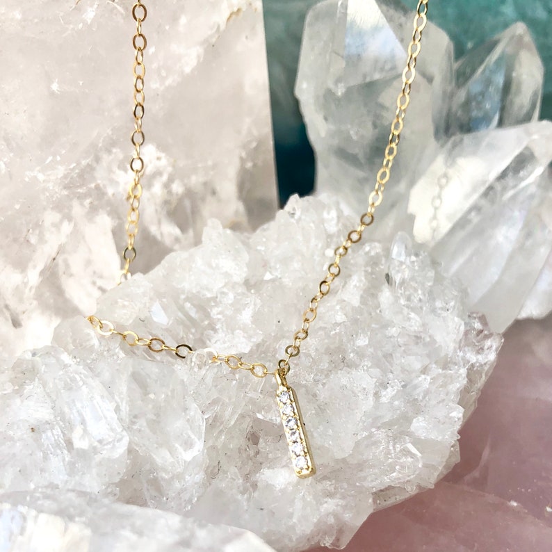 Tiny Gold Diamond Bar Necklace, Dainty Silver CZ Necklace, Minimal Everyday Jewelry, Simple Layered, Cubic Zirconia Stick Pendant, Pave image 3