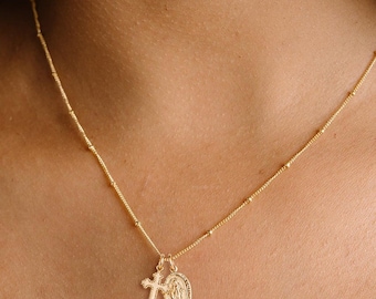 Collier délicat Vierge Marie avec croix, pendentif miraculeux, collier catholique, collier religieux, baptême, plaqué or 14 carats, rose, argent