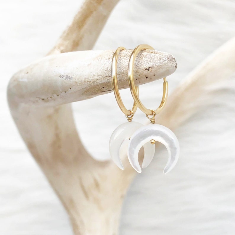 Pearl Moon Earrings, Crescent Moon Dangles, Double Horn Drops, Hoop Earrings, Minimalist Jewelry, 14kt Gold Filled, Silver image 1