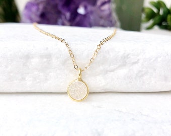 Round Druzy Necklace, Tiny Gemstone Necklace, Simple Layering Necklace, Dainty Druzy Necklace, Crystal Quartz, Bridesmaid Gift, Gold Filled