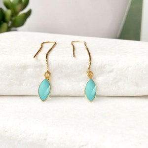 Turquoise Drop Earring, Minimalist Threader Earrings, December Birthstone Ear Threaders, Bridesmaid Gift, Raw Crystal Earrings, Gold Filled image 3