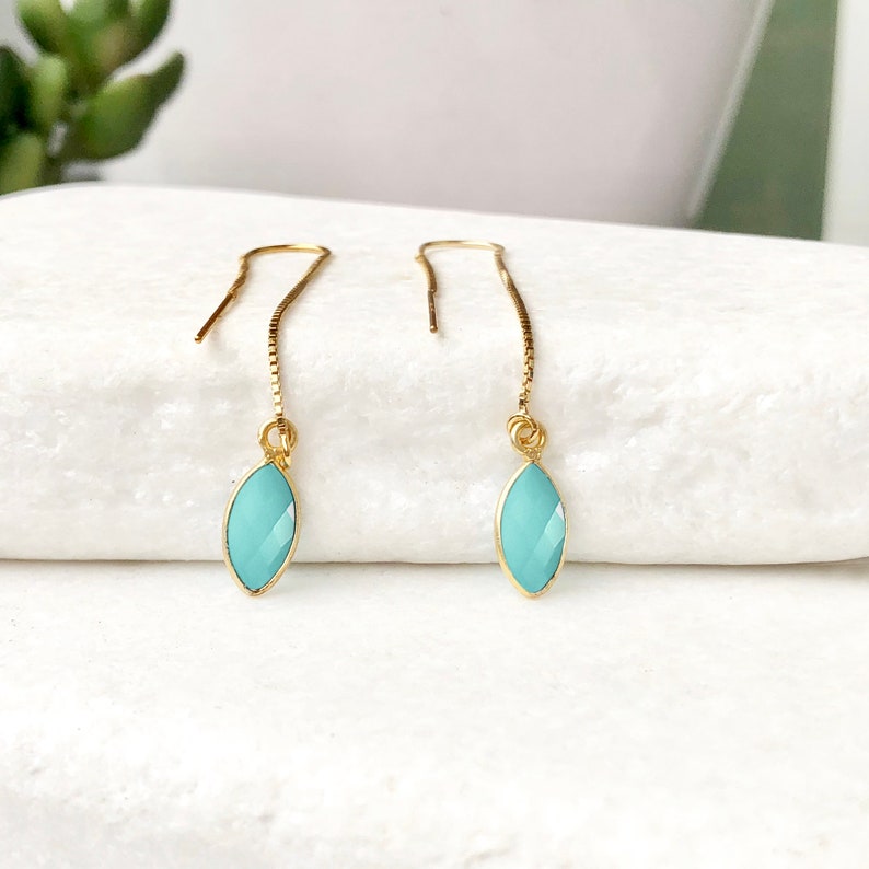 Turquoise Drop Earring, Minimalist Threader Earrings, December Birthstone Ear Threaders, Bridesmaid Gift, Raw Crystal Earrings, Gold Filled image 3