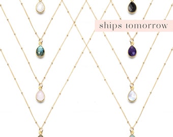 Dainty Bezel Teardrop Gemstone Pendant, Delicate Gold Filled or Sterling Silver Chain, Bridesmaid Gift, Simple Minimalist Layered Necklace