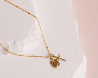 14kt Gold Filled Mary & Cross Set, Catholic Gift for Godparent Godmother Friend Sister Girlfriend, Baptism Christening Confirmation, Silver