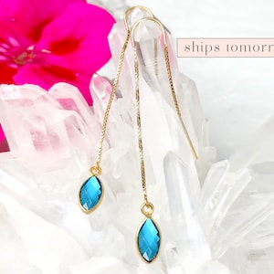 Blue Topaz Drop Earring, Minimalist Threader Earrings, December Birthstone Ear Threaders, Bridesmaid Gift, Raw Crystal Earrings, Gold Filled
