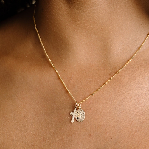 Collier Vierge Marie délicat avec croix, pendentif miraculeux, collier catholique, collier religieux, baptême, or 14 carats, rose, argent