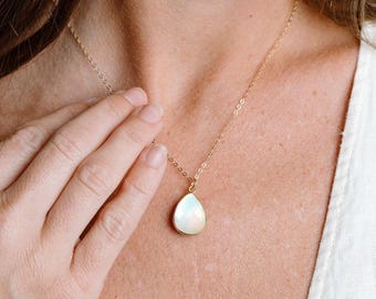 Opalite Necklace, October Birthstone Necklace, Natural Gemstone Pendant, Opal Stone Necklace, Opalite Jewelry Gift, 14kt Gold Fill & Silver