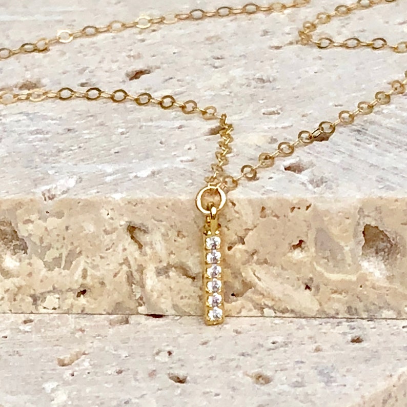 Tiny Gold Diamond Bar Necklace, Dainty Silver CZ Necklace, Minimal Everyday Jewelry, Simple Layered, Cubic Zirconia Stick Pendant, Pave image 2