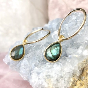 Labradorite Earrings, Labradorite Drop Earrings, 14kt Gold Filled Hoops, Gemstone Hoops, Sterling Silver Hoop, Gift for Her, Small Med Large image 2