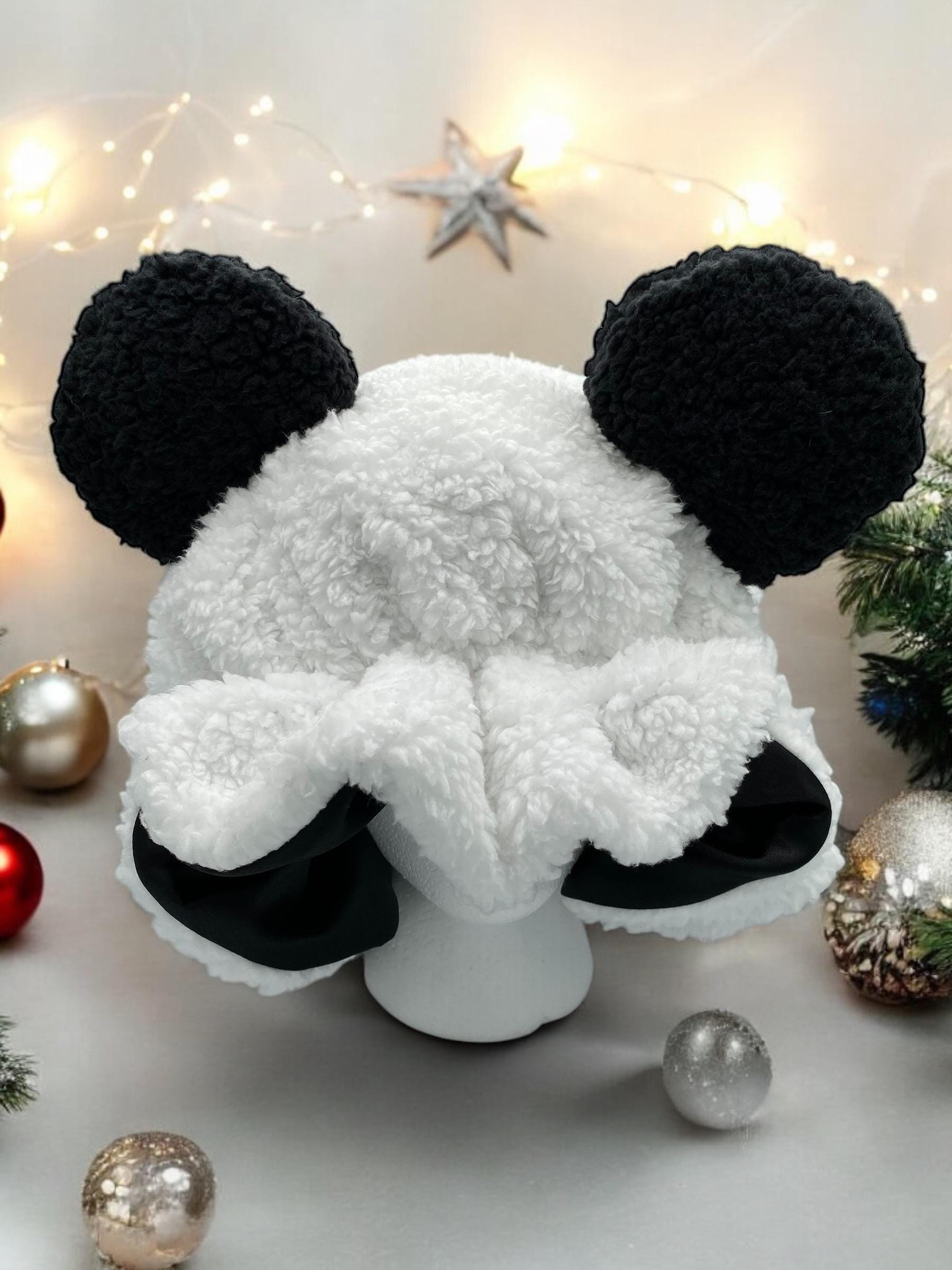 Adjustable Handmade Panda Bear Bonnet: Sherpa & Satin 