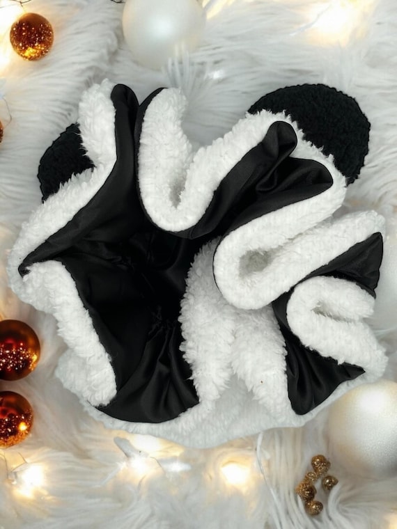 Black and White Panda Bear Bonnet with Black Satin Lining and Rhinestones Ears Adjustable Handmade Panda Bear Bonnet: Sherpa & Satin  main image 3